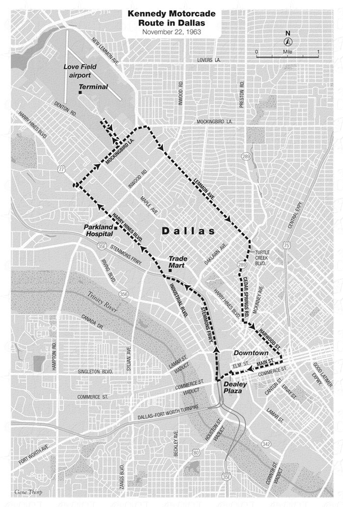 Kennedy Motorcade Route in Dallas map