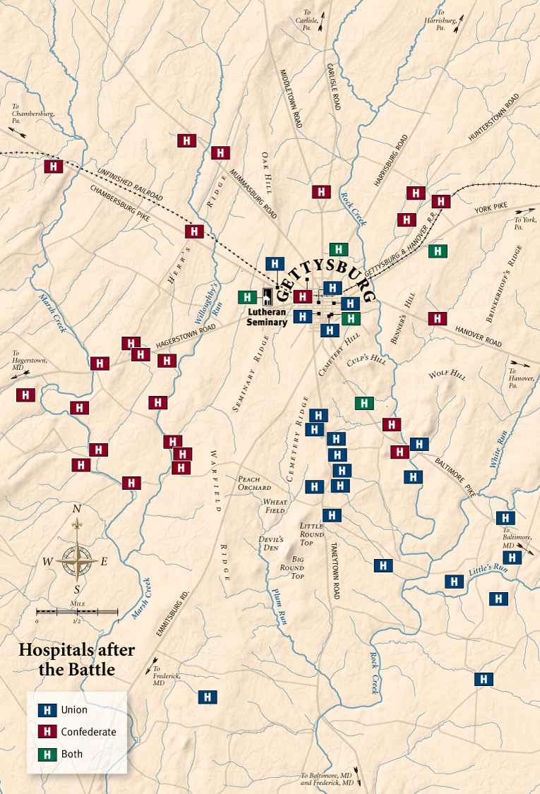 Gettysburg battle hospitals map